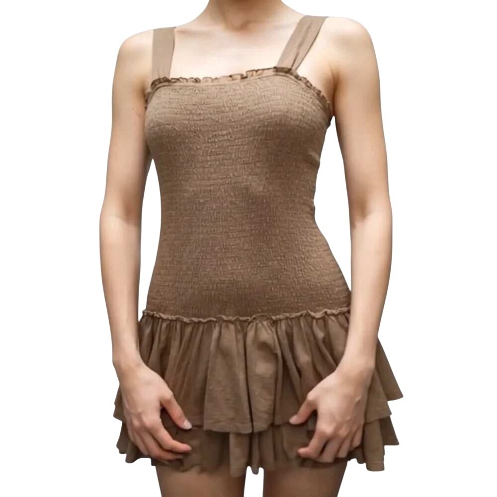 American Eagle Sunchaser Knit Smocked Drop Waist Mini Dress Taupe M Summer